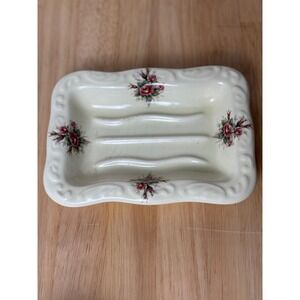Vintage P.B. Athena Ceramic Soap Dish Floral Rose Scalloped Made in USA